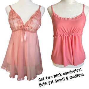 2 Pink Babydoll Camis, Size S/M, Sheer Lace, Ruffles, Fairy Balletcore Coquette